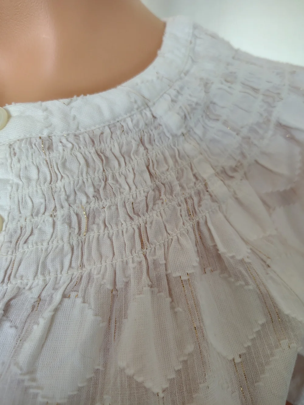 Loft Beige Puff-Sleeve Smocked Yoke Top Size XXS.